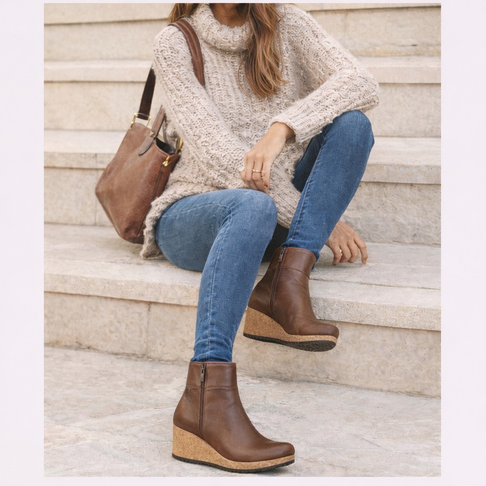 Birkenstock Papillio Ebba Cognac Leather Wedge Ankle Boots Size 36 *NEW IN BOX*